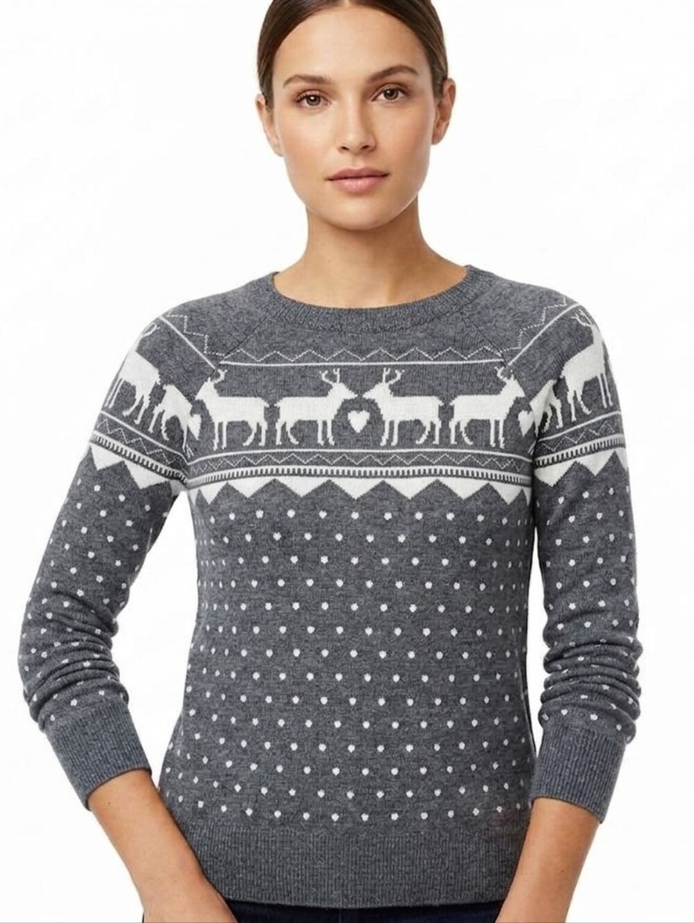 LOFT Reindeer Polka Dot Wool Blend Sweater Sz S Gray Holiday Winter Christmas